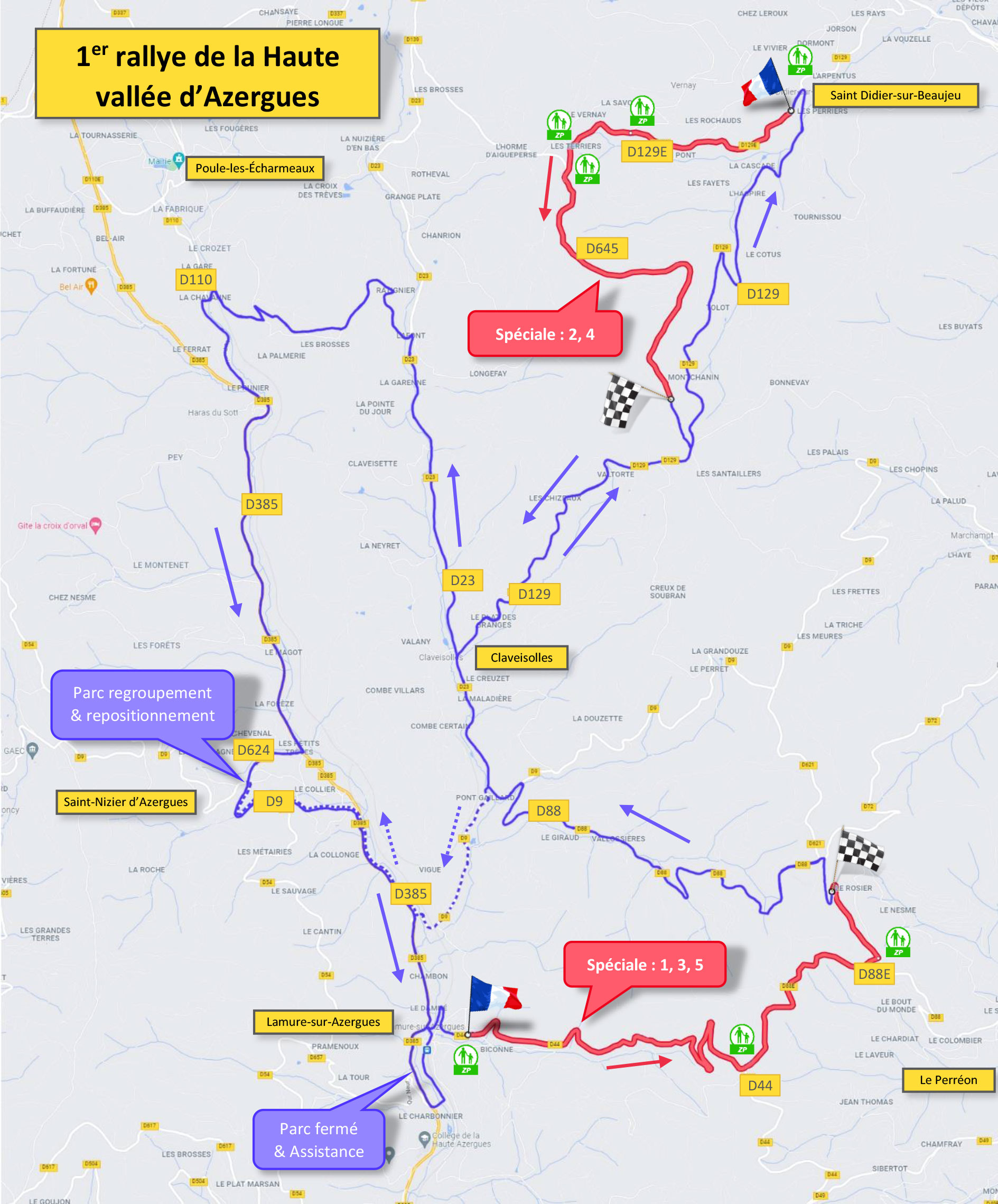 Itinéraire général du 1er rallye de la Haute Vallée d'Azergues