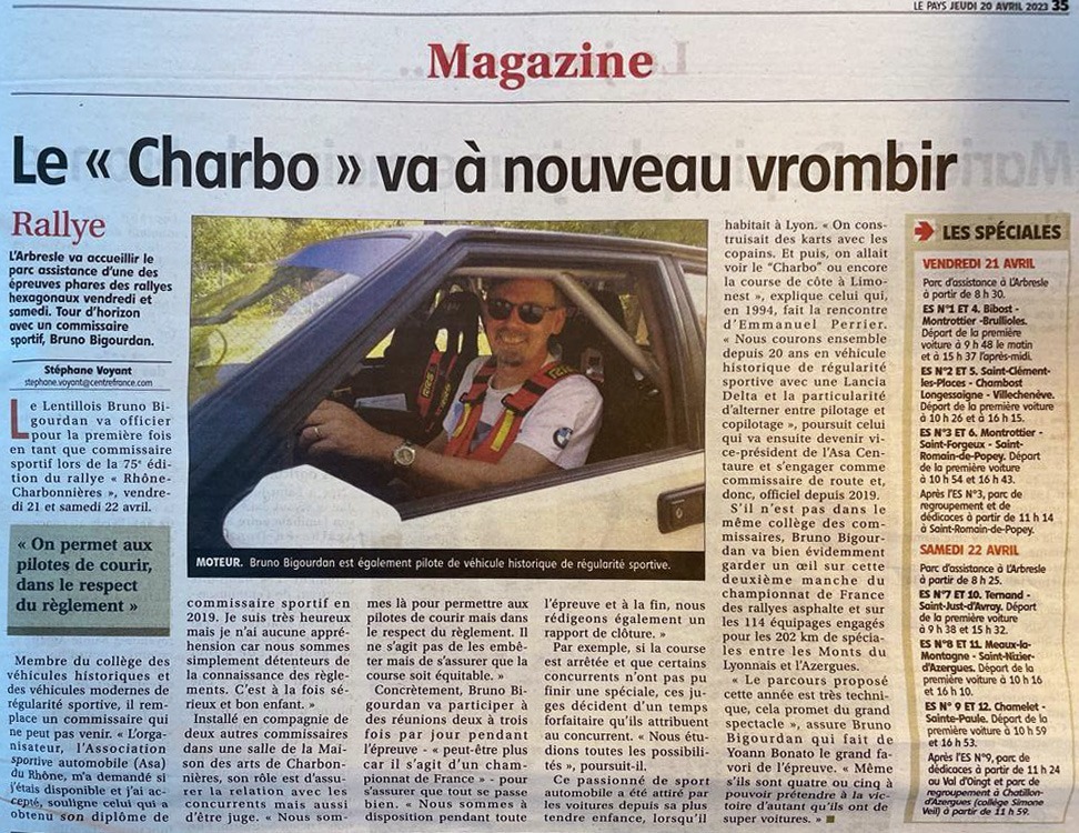 Article Le Pays du 20-04-2023 - Le "Charbo" va à nouveau vrombir vendredi 21 et samedi 22 avril : rencontre avec le commissaire sportif Bruno Bigourdan